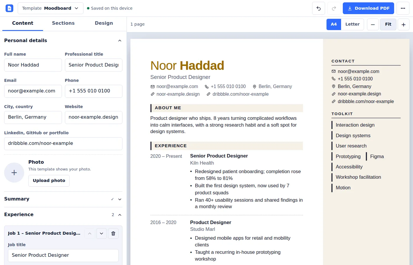 The QuickView editor with the form on the left and a live resume preview on the right